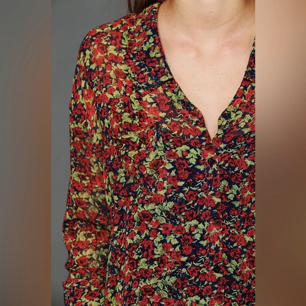 Free People Sheer button down floral shirt sz L - Picture 3 of 12